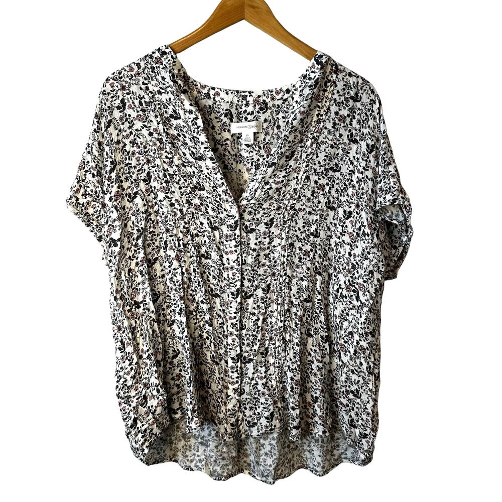 Treasure & Bond New Women Ditsy Floral Short Sleeve Button Blouse Cream Brown 2X